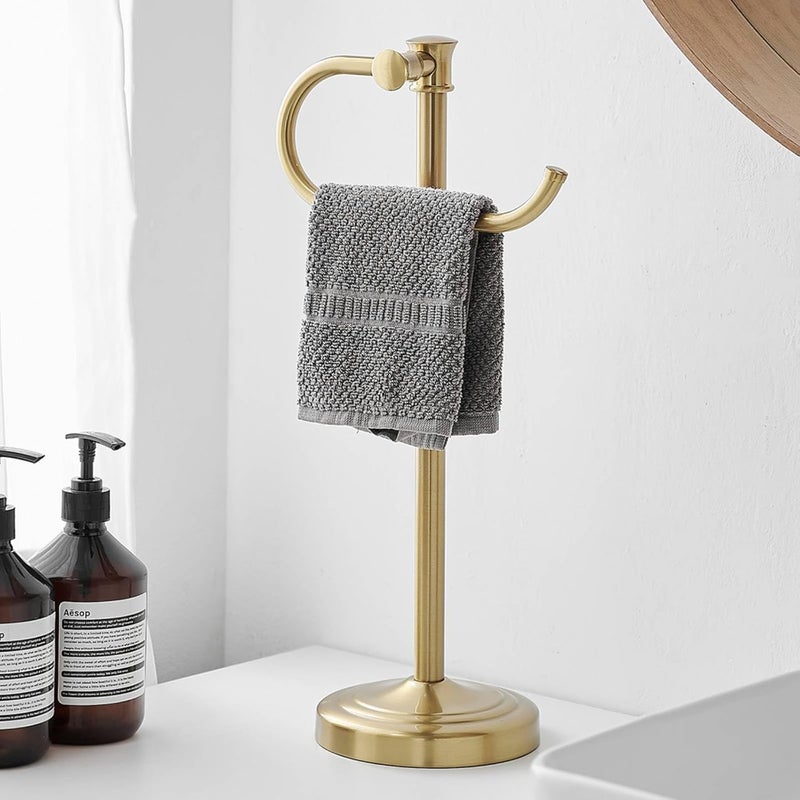BESy 17 Inch Brushed Gold Stand Towel Bar Hanger Hand Towel Bar Bathroom Vanity Countertop Towel Holder Free Standing Stainless Steel Towel Ring Hardware Accessories Towel Rack - Image 1
